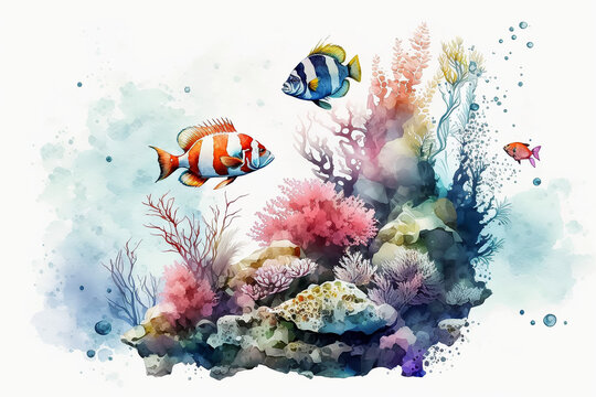 Digital watercolor underwater habitats sight fish and lots of coral