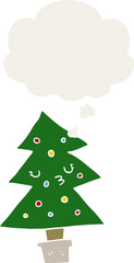 cartoon christmas tree and thought bubble in retro style