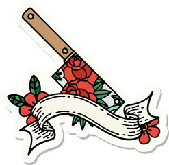 tattoo sticker with banner of a cleaver and flowers
