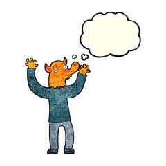 cartoon happy fox man with thought bubble