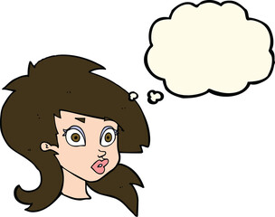 cartoon pretty surprised woman with thought bubble