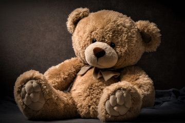 Obraz premium cuddly brown teddy bear with brown bow around the neck
