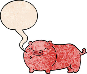 cartoon pig and speech bubble in retro texture style