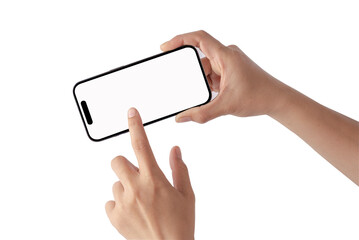 Women holding a mobile phone smartphone with a white screen and less modern frames than less design...