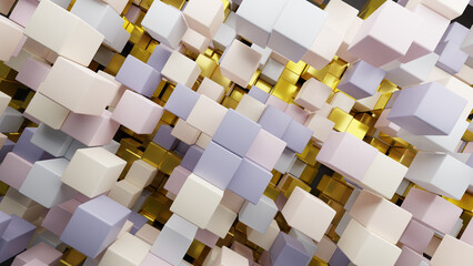 3D rendering wallpaper background of light-colored and golden random shuffled cubes in space
