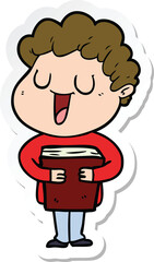 sticker of a laughing cartoon man with book