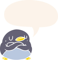 cartoon penguin and crossed arms and speech bubble in retro style