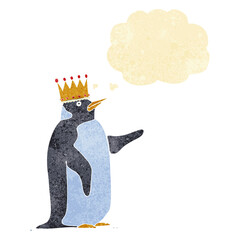 cartoon penguin wearing crown with thought bubble