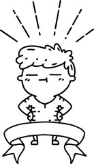 banner with black line work tattoo style happy man