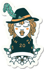 human bard character with natural 20 dice roll sticker