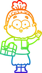 rainbow gradient line drawing cartoon happy old woman