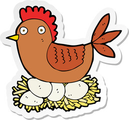 sticker of a cartoon hen on eggs