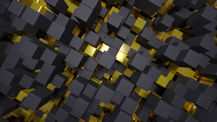 3d rendering abstract background of randomly positioned black and golden cubes. Top view