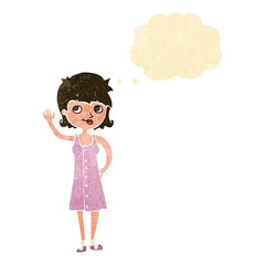 cartoon pretty woman waving with thought bubble