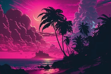 Peel and stick wall murals Pink AstroIsland with Tropical Clouds neon watercolor Generative AI