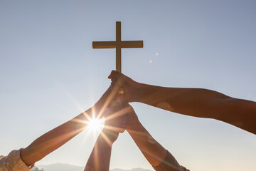 Christian, Christianity, Religion copy space background. Group hands praying and holding christian...