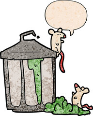 cartoon old metal garbage can and mice and speech bubble in retro texture style