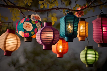 bright colorful paper lanterns hanging from a branch