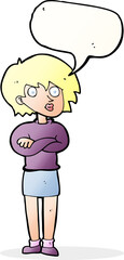 cartoon woman wit crossed arms with speech bubble