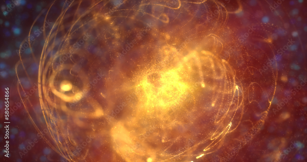 Poster Abstract futuristic glowing with yellow light round sphere space star from magic high-tech energy on the background of the space galaxy. Abstract background