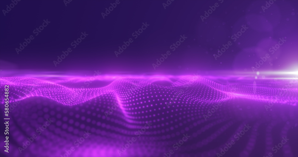 Poster abstract purple energy surface with magic waves of particles and points with an endation background 