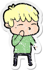 distressed sticker of a cartoon curious boy