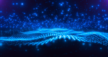 Abstract blue waves lines from particles and dots of energetic magic with glow effect and blur bokeh abstract background