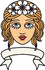 tattoo with banner of female face with crown of flowers