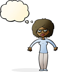 cartoon woman shrugging shoulders with thought bubble