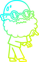 cold gradient line drawing cartoon worried man with beard and spectacles pointing finger
