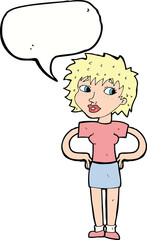 cartoon woman with hands on hips with speech bubble