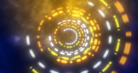Abstract round swirling rings HUD elements blue and yellow from flying particles glowing energy scientific futuristic hi-tech background