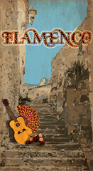 Flamenco holiday card with spanish city, vector illustration	