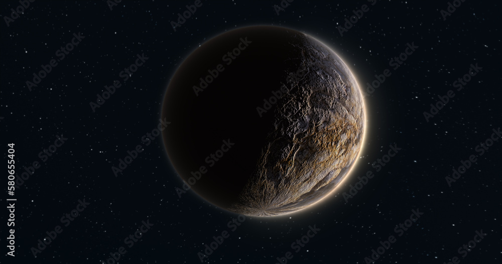 Poster abstract realistic space planet round sphere with a stone relief surface in space against the backgr