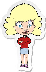 sticker of a cartoon happy woman with folded arms