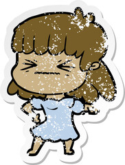 distressed sticker of a cartoon angry girl