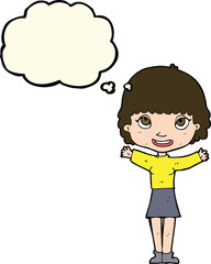 cartoon woman waving with thought bubble
