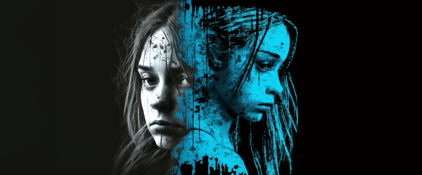 Schizophrenia and split personality disorder and mental health psychiatric disease concept in a illustration style.,  Created using generative AI tools.