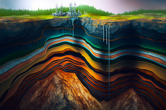 Schematic abstract cut geological structure of earth layers with minerals. Generative AI