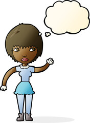 cartoon waving woman with thought bubble