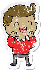 distressed sticker of a cartoon happy man