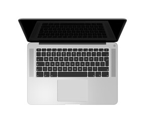 Open laptop top view with black screen, isolated on transparent background. 3D render