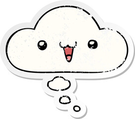 cute happy face cartoon and thought bubble as a distressed worn sticker