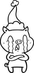 crying pig line drawing of a wearing santa hat