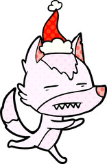 comic book style illustration of a wolf showing teeth wearing santa hat