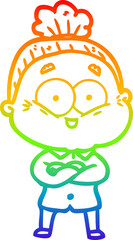 rainbow gradient line drawing cartoon happy old woman