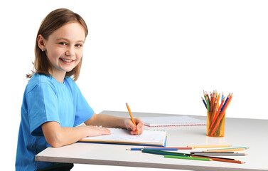 Cute little preschooler child girl drawing or studing