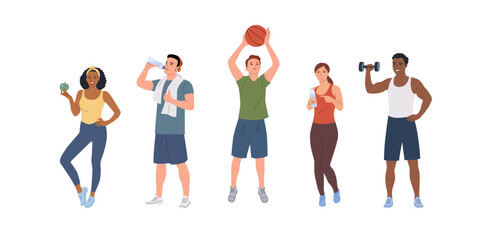 Healthy  young different athletic men and women in full height isolated. Vector cartoon flat style illustration
