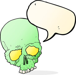 cartoon spooky old skull with speech bubble