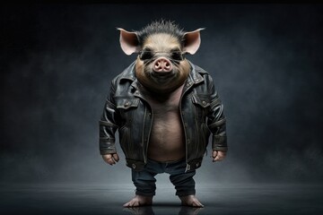 Gangster pig in a leather jacket. Generative AI